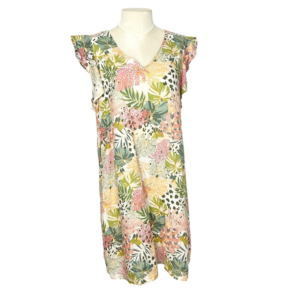 C&C California Tropical Print 100% Linen Flutter Sleeve Dress Womens Medium‎